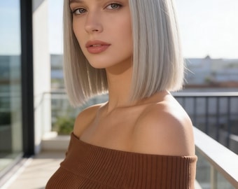 Personalización, Peluca Bob lisa gris plateada – Cabello corto y elegante para mujer, Peluca sintética resistente al calor, Uso diario, Etiquetas personalizadas