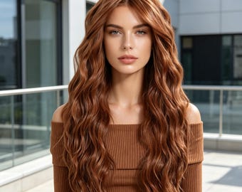 Peluca larga ondulada color castaño rojizo, peluca sintética color marrón jengibre, resistente al calor, sin flequillo, cabello natural para mujer.