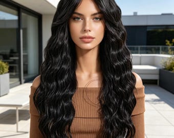 Peluca larga ondulada negra personalizable, cabello sintético resistente al calor, aspecto natural.