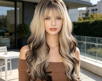 Etiquetas personalizadas, peluca ondulada rubia degradada a castaña con flequillo, sintética resistente al calor, cabello largo en capas, uso diario natural para mujeres