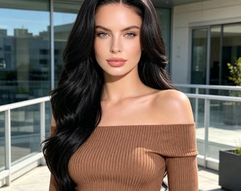 Anpassning, Lång vågig peruk av äkta hår, Svart silkeslen vågig peruk, Naturlig peruk av äkta hår för kvinnor