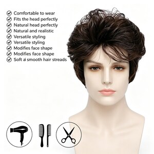 Etiquetas personalizadas, peluca pixie corta castaña con flequillo, peluca sintética resistente al calor para mujer, peluca de aspecto natural para uso diario. imagen 5