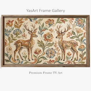 Puede incluir: Obra de arte enmarcada rectangular con dos ciervos y diseños florales en tonos marrón, naranja y azul. El marco es de color marrón claro. El texto "YasArt Frame Gallery" está en la parte superior y "Premium Frame TV Art" en la inferior.