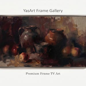 May include: A rectangular framed digital art piece titled YasArt Frame Gallery Premium Frame TV Art, featuring an oil painting style still life with dark brown ceramic pitchers and scattered red apples against a moody, textured background.