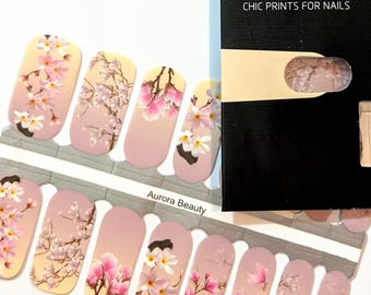 Nail Wraps, Nail Polish Strips - Pink Floral, Magnolia Flowers, Yellow Ombre