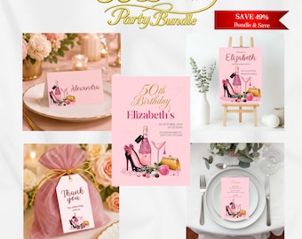 Puede incluir: Un paquete de fiesta de 50 cumpleaños con papelería rosa, texto dorado e ilustraciones de botella de champán, zapato de tacón y bolso de mano. Incluye invitación, menú, tarjeta de lugar, etiqueta de agradecimiento y letrero de bienvenida.