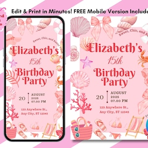 Pink Summer Beach Birthday Invitation with Shells, Mobile Version Included, Editable Canva Template