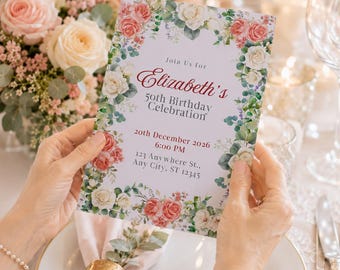 Sjabloon uitnodiging 50e verjaardag bloemen, elegante uitnodiging voor tuinfeest (canva)