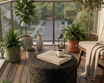 Handgeweven poef van zwarte jute, rond boho-vloerkussen, woonkamerdecoratie balkon