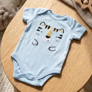 May include: A light blue baby bodysuit with a tiger face design. The tiger face features black and gold accents, with a white nose and a smiling mouth. The bodysuit has short sleeves and snap closures at the bottom.