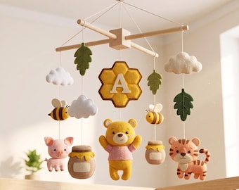 Personalized Felt Baby Mobile Honey Bear Crib Mobile Nursery Decor Baby Shower Gift, Cute Bear Mobile, Animal Baby Mobile