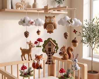 Wald-Babymobile aus Filz, Babybett-Mobile, Wald-Kinderzimmerdeko, Geschenk zur Babyparty, Fuchs-Babymobile, Tier-Kinderzimmer