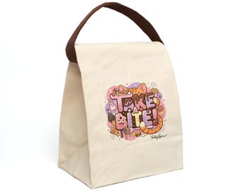 Bolsa de almuerzo de lona "Take a Bite" de Mittens en color rosa.