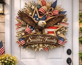 Personalized America 250th Anniversary Wood Wreath 1776-2026 Patriotic Door Sign Semiquincentennial Family Name Decor