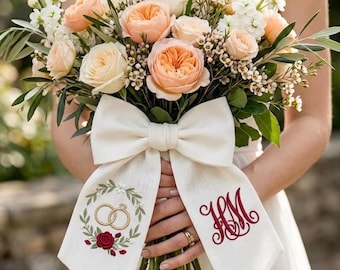Personalized Wedding Bouquet Ribbon, Custom Embroidered Monogram Bridal Wrap with Rings, Keepsake Bouquet Bow, Bridal Shower Gift for Bride