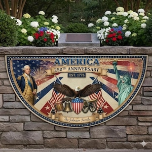 Puede incluir: Un letrero conmemorativo del 250 aniversario de América, con ilustraciones de George Washington, la Estatua de la Libertad, un águila, banderas y fuegos artificiales. El letrero es semicircular e incluye el texto "America 250th Anniversary Est. 1776" y "The Johnson Family."