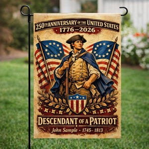 Bandera de jardín personalizada de Estados Unidos, bandera de casa, 1776-2026, descendiente de un patriota, decoración para exteriores de EE. UU. conmemorativa del 250 aniversario.