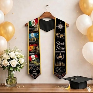 Custom Graduation Stole, International Flags Graduation Sash, Personalized Class of 2026 Study Abroad Stole, Heritage Commencement Scarf
