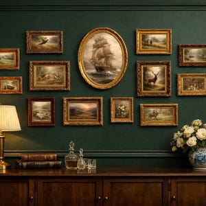 May include: A collection of framed landscape and seascape paintings with gold ornate frames are displayed on a dark green wall. An oval painting of a ship is centered. A lamp, books, and a vase of flowers are on a wooden cabinet.