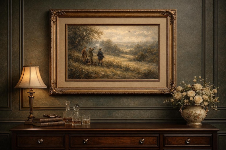 May include: An ornate, framed landscape painting depicting three figures hunting in a field. The painting is set in a gold frame and hangs above a dark wood dresser. A lamp, books, decanters, and a floral arrangement complete the scene.