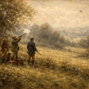 May include: An antique painting depicts a hunting scene in a field. Three figures in period attire are present, with two aiming rifles. A dog sits near a bag. The landscape features trees, grass, and a cloudy sky.