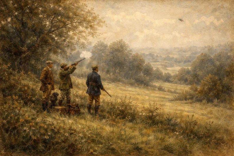 May include: An antique painting depicts a hunting scene in a field. Three figures in period attire are present, with two aiming rifles. A dog sits near a bag. The landscape features trees, grass, and a cloudy sky.