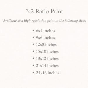 May include: A cream-colored graphic with the text "3:2 Ratio Print" and a list of print sizes in inches: 6x4, 9x6, 12x8, 15x10, 18x12, 21x14, and 24x16. The text "Available as a high-resolution print in the following sizes:" is also present.