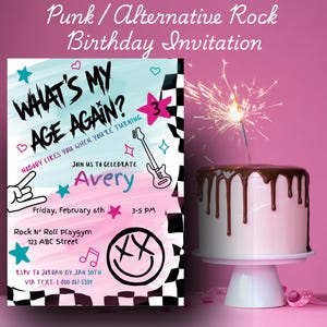 May include: A birthday invitation with a punk rock theme. The invitation features the text "WHAT'S MY AGE AGAIN?" and "Avery" in a playful font, along with a guitar and star graphics. A cake with chocolate dripping icing and a lit sparkler is on the right.