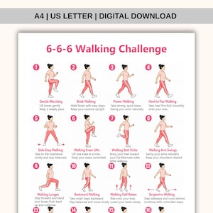 Può includere: Un poster digitale scaricabile intitolato 6-6-6 Walking Challenge, che presenta dodici illustrazioni numerate di una persona con maglietta rosa e leggings rossi che mostra vari esercizi di camminata con testo descrittivo per ogni movimento.