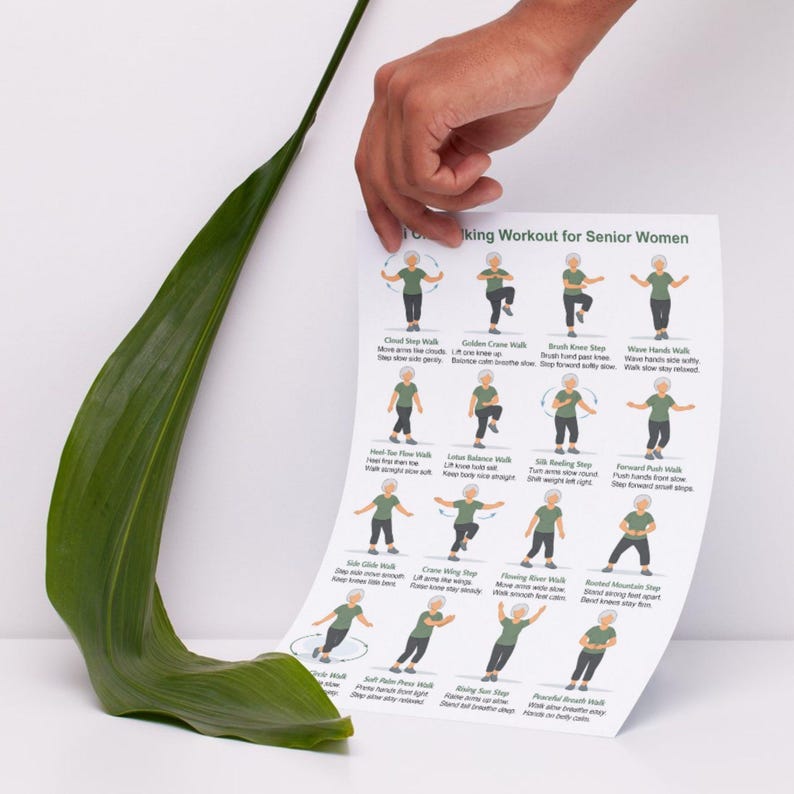 May include: A white poster titled "Walking Workout for Senior Women" with illustrated exercise instructions. A hand holds the poster, and a large green leaf is in the foreground.