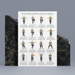 May include: A poster titled "Tai Chi Walking Workout for Senior Women" with illustrated step-by-step instructions. Each step shows a person in a green outfit performing a Tai Chi move, with descriptive text below.
