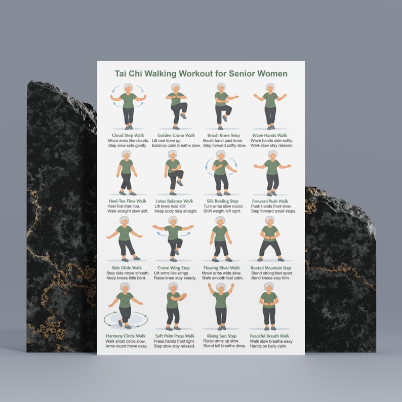 May include: A poster titled "Tai Chi Walking Workout for Senior Women" with illustrated step-by-step instructions. Each step shows a person in a green outfit performing a Tai Chi move, with descriptive text below.