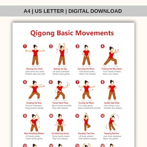 May include: A digital download poster titled Qigong Basic Movements featuring twelve numbered illustrations of a person in a red shirt and brown trousers performing various exercises with descriptive text instructions for each specific movement.