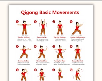 Movimientos básicos de Qigong (PDF imprimible) / Tabla de ejercicios de Qigong para principiantes / Rutina de Qigong / Póster de ejercicios para el hogar