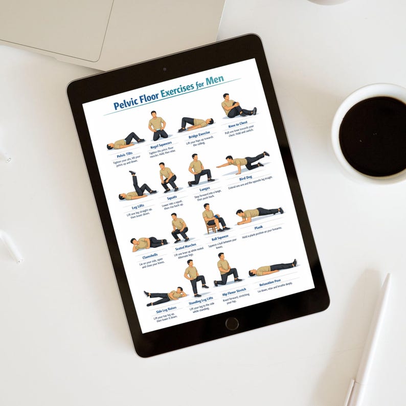 May include: A black tablet displays a guide titled "Pelvic Floor Exercises for Men." The guide features illustrated exercise poses with accompanying text. A cup of coffee and a pen are visible on the white surface.