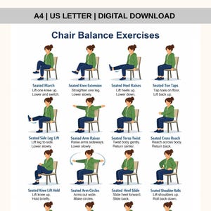 Pode incluir: Um download digital intitulado "Chair Balance Exercises" no tamanho A4. A imagem mostra exercícios ilustrados realizados sentado, incluindo elevações de pernas, elevações de braços e torções de tronco. Cada exercício é claramente rotulado com instruções.
