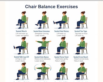 Ejercicios de equilibrio en silla (imprimibles) / Tabla de ejercicios de estabilidad sentados para personas mayores / Póster ilustrado de ejercicios para hacer en casa (PDF)