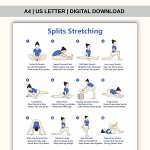 May include: A digital download chart titled Splits Stretching featuring twelve numbered illustrations of a person in blue clothing performing various yoga poses including butterfly, seated forward fold, half splits, lunge, lizard, pigeon, and quad stretches.