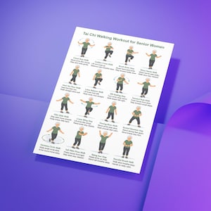 May include: A white printed sheet titled "Tai Chi Walking Workout for Senior Women" with illustrated walking exercise steps. The sheet features green figures demonstrating various Tai Chi movements, including Cloud Step Walk and Golden Crane Walk.