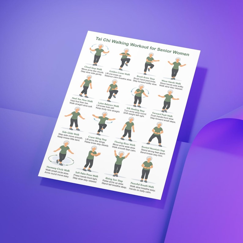 May include: A white printed sheet titled "Tai Chi Walking Workout for Senior Women" with illustrated walking exercise steps. The sheet features green figures demonstrating various Tai Chi movements, including Cloud Step Walk and Golden Crane Walk.