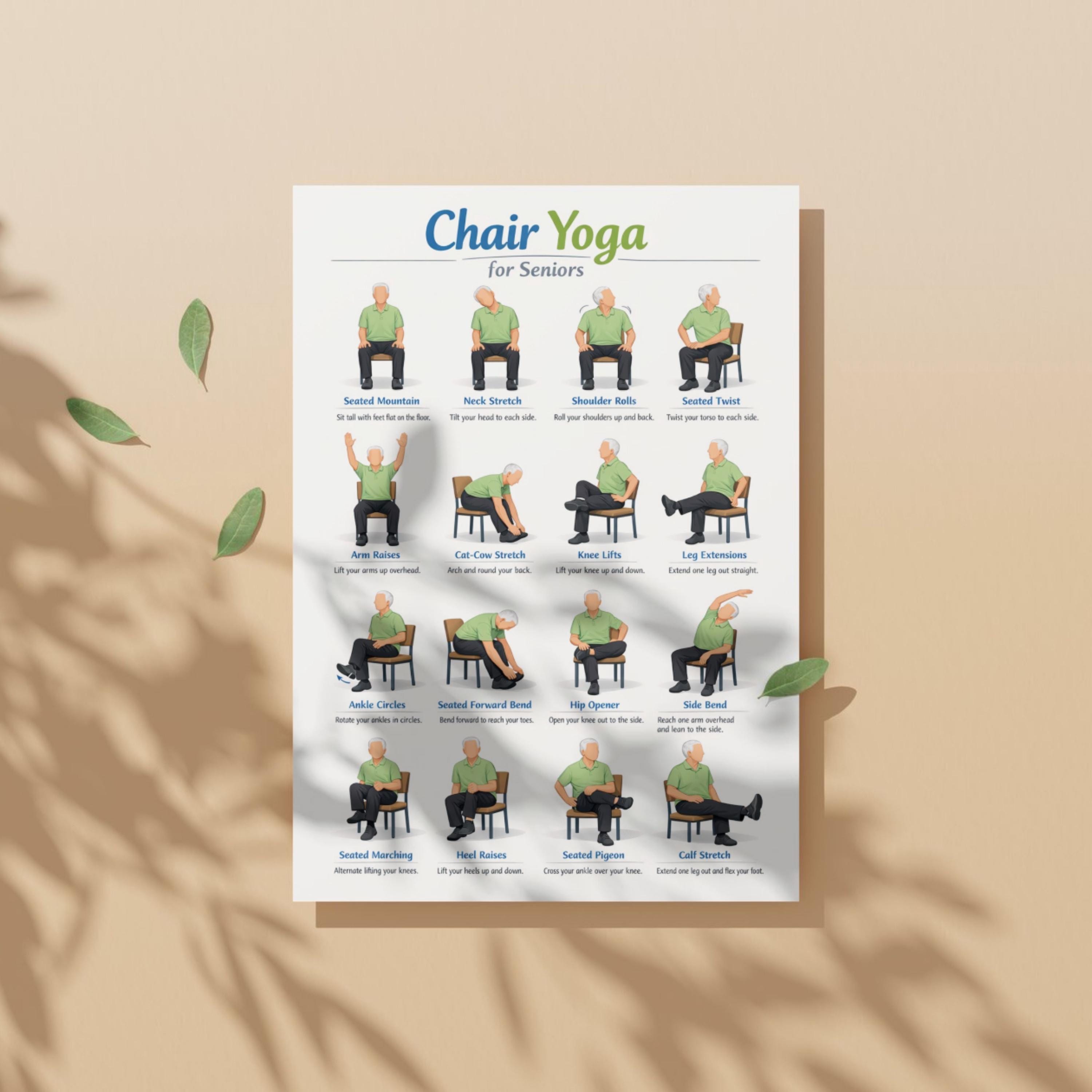 Chair Yoga for Seniors, Seated Chair Exercises Printable, 16 Pose