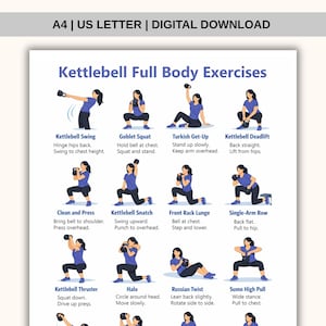 以下が含まれることがあります： 「Kettlebell Full Body Exercises」と題されたデジタルダウンロードのフィットネスポスター。ポスターには、スイング、スクワット、ローイングなど、さまざまなケトルベルエクササイズのイラストが掲載されています。エクササイズは、青いシャツと黒いズボンを着た人物によって示されています。