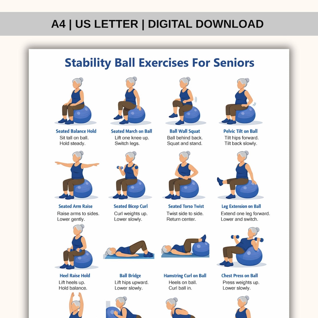 Stability Ball Exercises for Seniors Printable | Balance & Core Workout ...