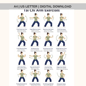May include: A digital download print titled "Tai Chi Arm Exercises" in A4 and US Letter sizes. The print features 16 illustrated poses with instructions, including Cloud Hands Arm Flow and Single Whip Arm Stretch. The illustrations show a person in a green shirt and blue pants.