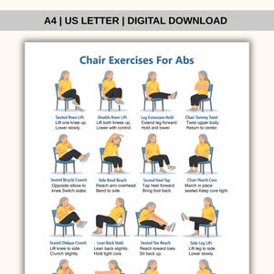 Printable Chair Exercises for Abs, Chair Exercise Printouts, Exercise Chart for Adults, Chair Exercises Poster,Pdf Exercise,Digital Download