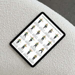 May include: A black tablet displaying a Tai Chi walking workout for senior women. The screen shows illustrated figures demonstrating various Tai Chi movements. The tablet is resting on a textured, off-white surface.
