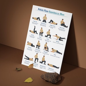 May include: A poster titled "Pelvic Floor Exercises for Men" displays illustrated exercises. The poster features various poses, including pelvic tilts, kegel squeezes, and squats. The background is a warm brown, with a few leaves and a rock in the foreground.