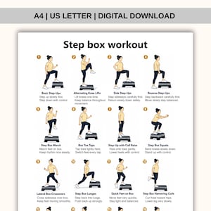 May include: A digital download chart titled Step box workout featuring twelve numbered illustrations of a person performing various exercises on a step box. The text includes A4 | US LETTER | DIGITAL DOWNLOAD and instructions for each movement.