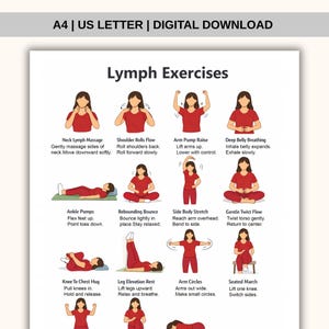 Op de afbeelding: Een digitale download met de titel "Lymfoefeningen" in A4-formaat. De afbeelding toont een reeks geïllustreerde oefeningen, elk met een persoon die een specifieke beweging demonstreert. Instructies begeleiden elke oefening, zoals "Neklymfmassage" en "Armen omhoog".