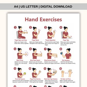 May include: A digital download chart titled Hand Exercises featuring twelve numbered illustrations of a person in a maroon shirt demonstrating various hand and wrist movements with descriptive text instructions for each specific exercise.